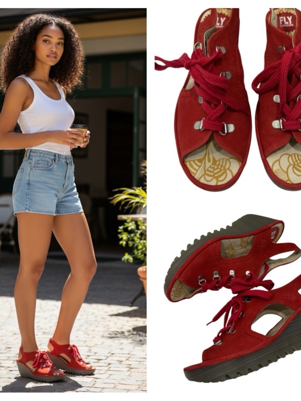 Fly London Ylfa Scarlet Red Leather Lace up Comfort Wedge Sandals sz 40 US 9-9.5